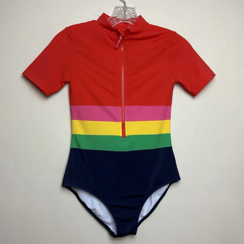 Mini Boden Stripes Colorblock Short Sleeve Swimsuit Bathing Suit Sz 11-12